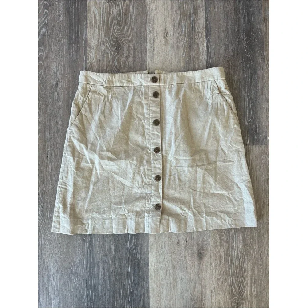 J.Crew Button Front Mini Skirt Tan Beige Women’s Size 12 Linen Blend Preppy Fit